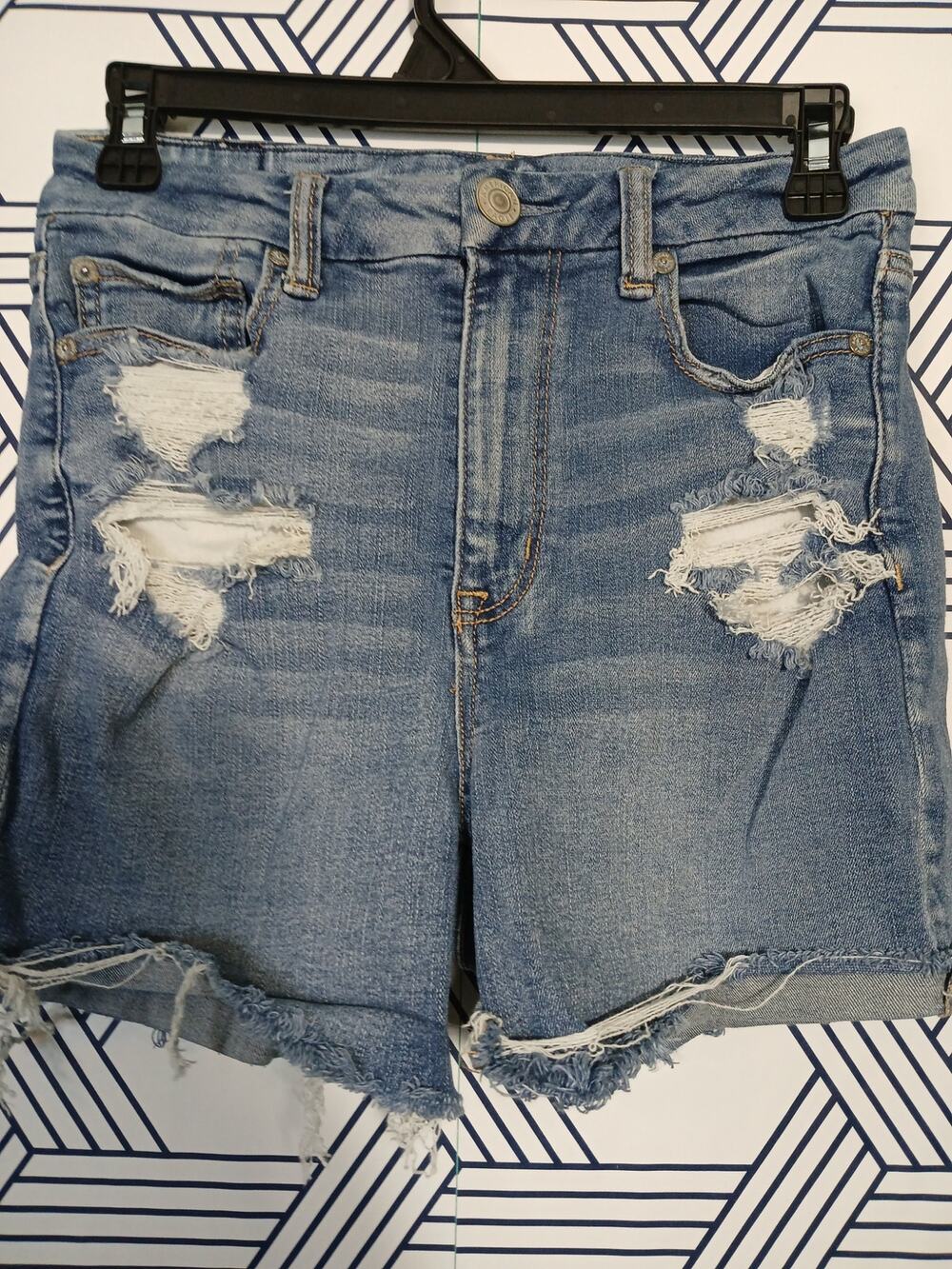 American Eagle Stretch Denim Shorts Distressed Curvy High Rise Shortie